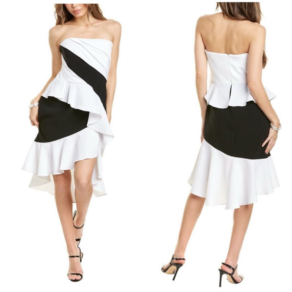 Marchesa Notte Colorblocked Strapless High Low Cocktail Dress Size 10 Black